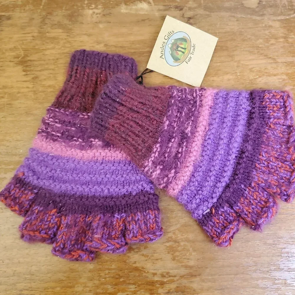 ANDES GIFTS Fingerless Gloves Red Pink Purple Striped Knit Handmade Alpaca Blend